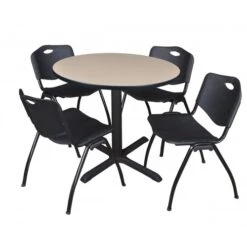 Regency TB36RNDBE47BK Cain 36" Round Breakroom Table In Beige & 4 'M' Stack Chairs In Black