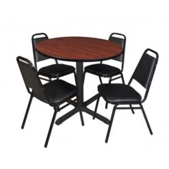Regency TB36RNDCH29BK Cain 36" Round Breakroom Table In Cherry & 4 Restaurant Stack Chairs In Black