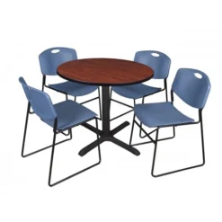 Regency TB36RNDCH44BE Cain 36" Round Breakroom Table In Cherry & 4 Zeng Stack Chairs In Blue