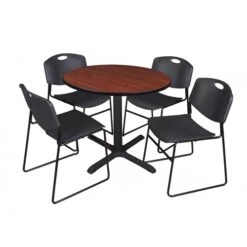 Regency TB36RNDCH44BK Cain 36" Round Breakroom Table In Cherry & 4 Zeng Stack Chairs In Black