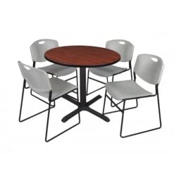 Regency TB36RNDCH44GY Cain 36" Round Breakroom Table In Cherry & 4 Zeng Stack Chairs In Grey