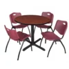 Regency TB36RNDCH47BY Cain 36" Round Breakroom Table In Cherry & 4 'M' Stack Chairs In Burgundy