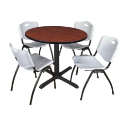 Regency TB36RNDCH47GY Cain 36" Round Breakroom Table In Cherry & 4 'M' Stack Chairs In Grey