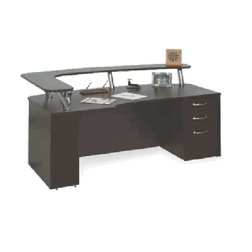 Reception Desk, Bow Top Corner With Transaction Shlef On Chrome Post 1 Reception Desk, Bow Top Corner With Transaction Shlef On Chrome Post